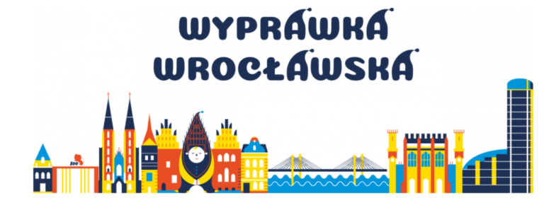 Grafika z napisem Wyprawka Wrocławska na tle krasnali i panoramy Wrocławia